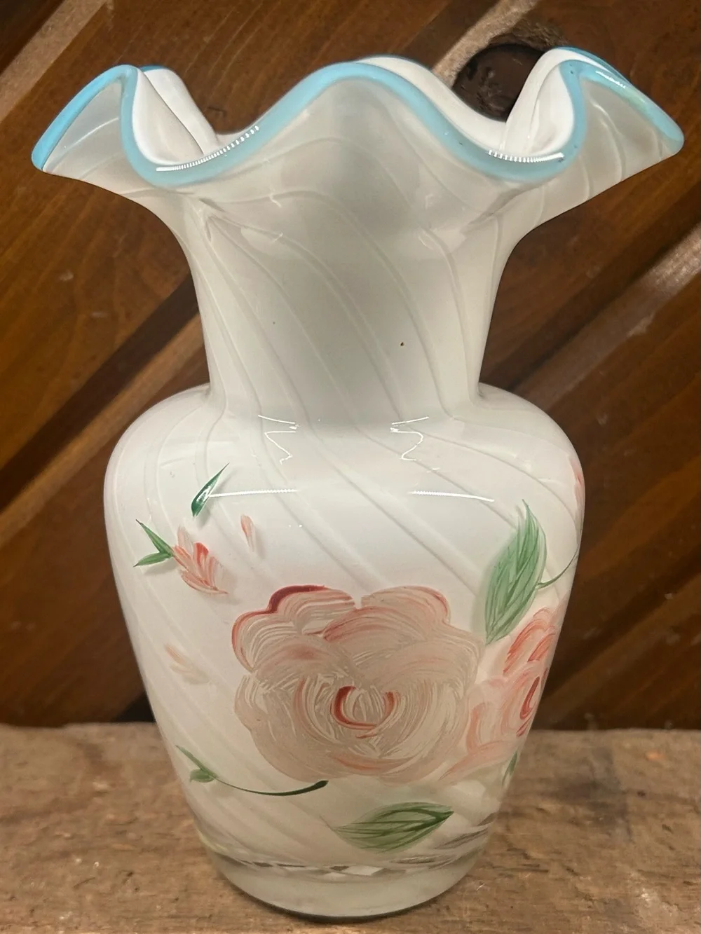 Vintage Fenton for Teleflora Hand-Painted White Optic Swirl Vase